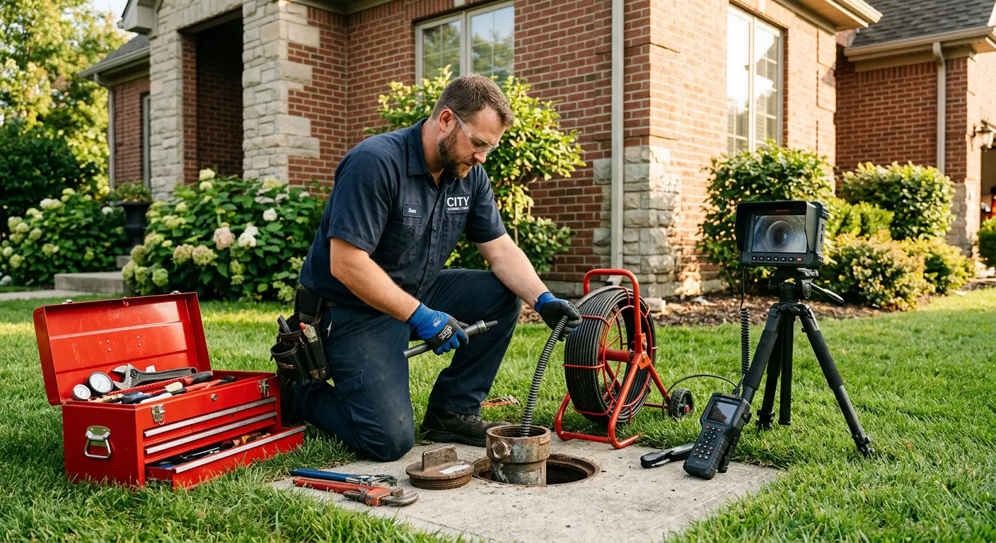 Sewer specialist with camera equipment servicing a cleanout in Westfield