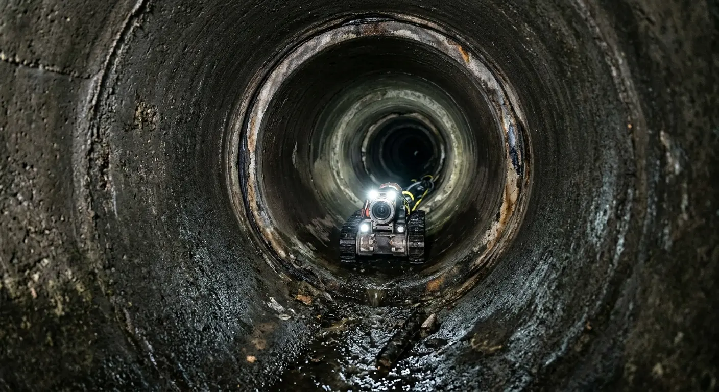 Robotic sewer camera inspecting pipe interior for Sewer Line Cleaning in Westfield