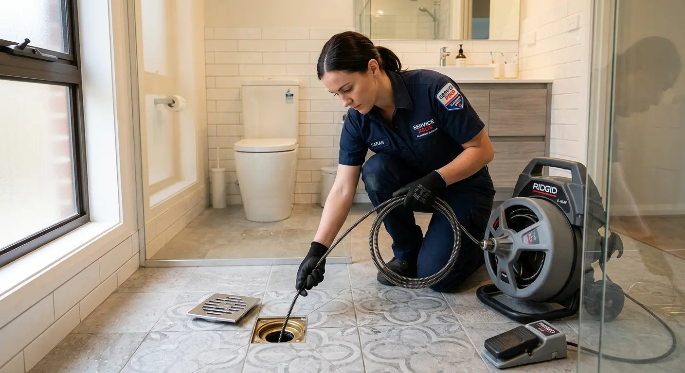 Technician clearing a bathroom floor drain for Drain Repair in Westfield